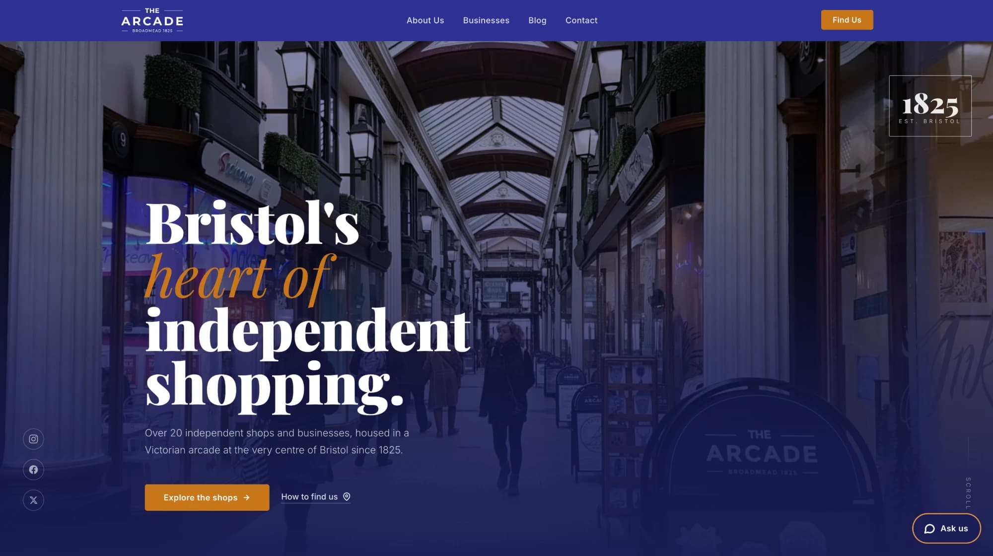 The Arcade Bristol homepage — Victorian shopping arcade hero with the Ask us chat button