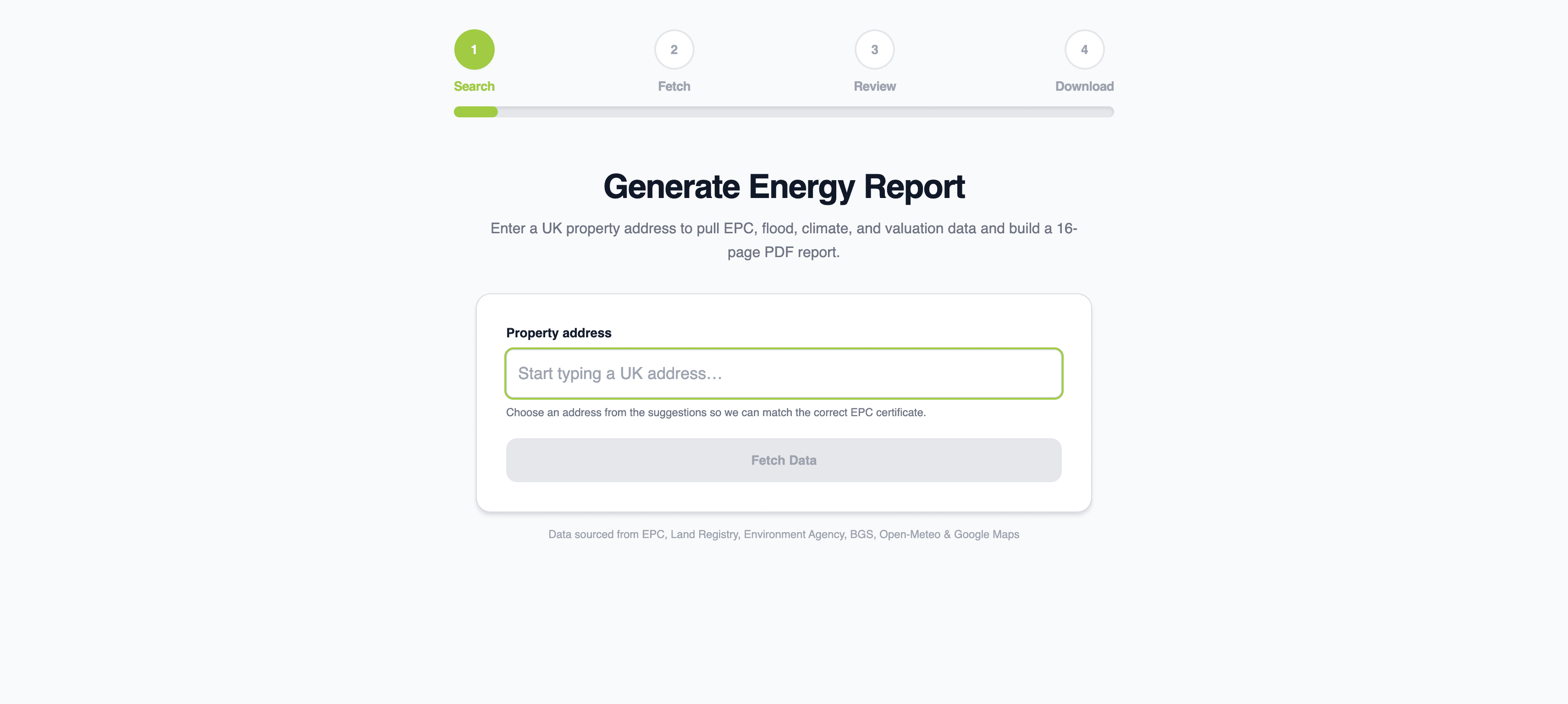 Eco Home UK report generator — entering a UK property address to build an energy report